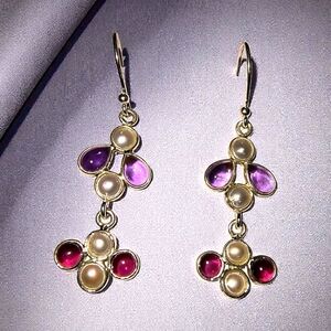 Garnet, Purple Amethyst & Pearl Dangle Earrings In Sterling Silver